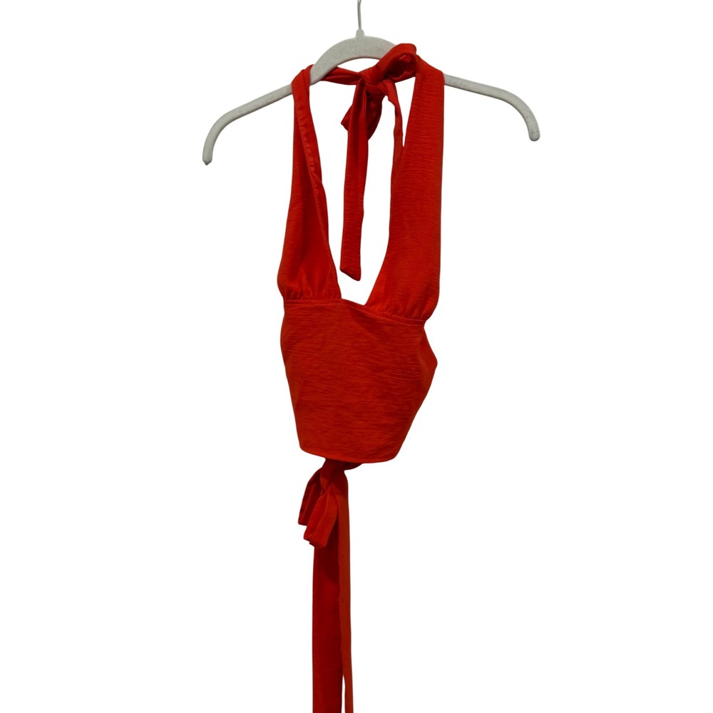 Zara Orange Red Halter Neck Tie Back‎ Plunge Crop Top Medium